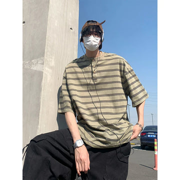 Riolio Men Cotton T Shirt Breathable Comfort Round Neck Button Striped Summer Casual Soft Lightweight Streetwear Fashion Cotton Tee Top